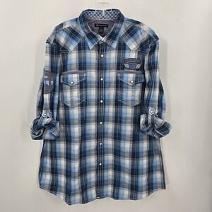 INC Shirt Mens XXL Perall Snap Blue Plaid Western Rodeo Patches Roll Sleeve